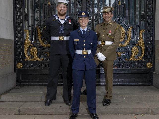 (l-r) Able Seaman Zachary Duke, Leading Aircraftwoman Caylee Wallis and Private Wayne Fourmile from Australia’s Federation Guard at the Australian High Commission in London during preparation for The Queen’s Platinum Jubilee.