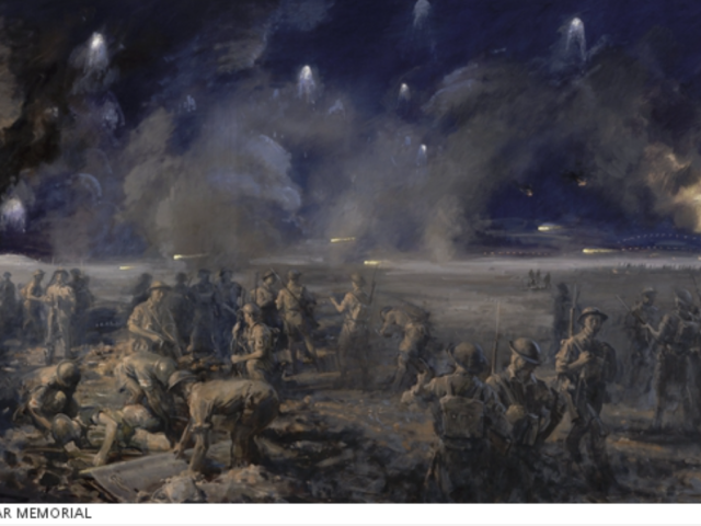Painting of Attack on Fig Orchard, El Alamein campaign, Egypt 1942, artist William Dargie, 1973