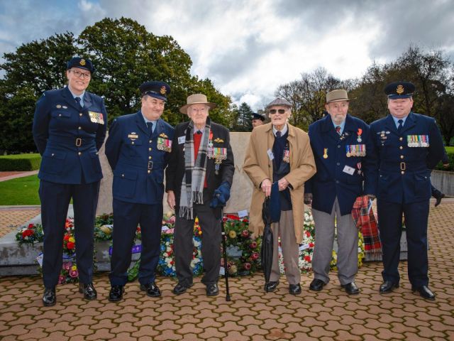 Commanding Officers of No. 460, 462 and 464 Squadrons, alongside World War Two veterans at the Bomber Command Commemorative Day Wreath Laying Ceremony held at the Australian War Memorial, Canberra.