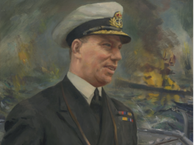 Captain Hector MacDonald Laws Waller, DSO and Bar, was a distinguished Royal Australian Navy officer. Artist: Joshua Smith 1957