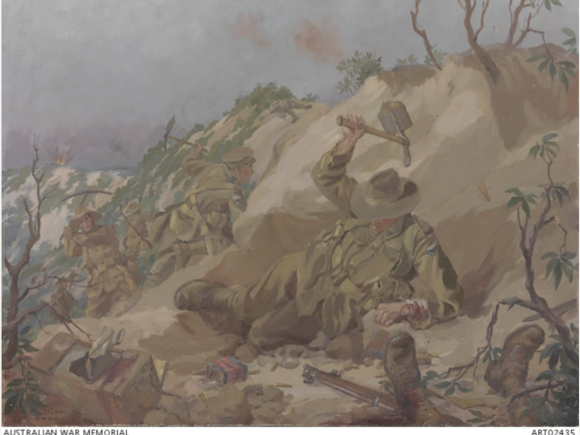 Image: 'Digging in at Pope's Hill', artist Ellis Silas, 1918. The painting depicts a wounded soldier attempting to dig a shelter in the side of the steep hill while surrounded by the dead and wounded, and scattered and broken equipment. Pope's Hill is in the Quinn's Post Area, Gallipoli.