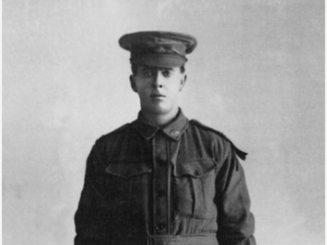Studio portrait of 5665 Private (Pte) Ernest Corby, 3rd Battalion, of Tuena, NSW. 1916