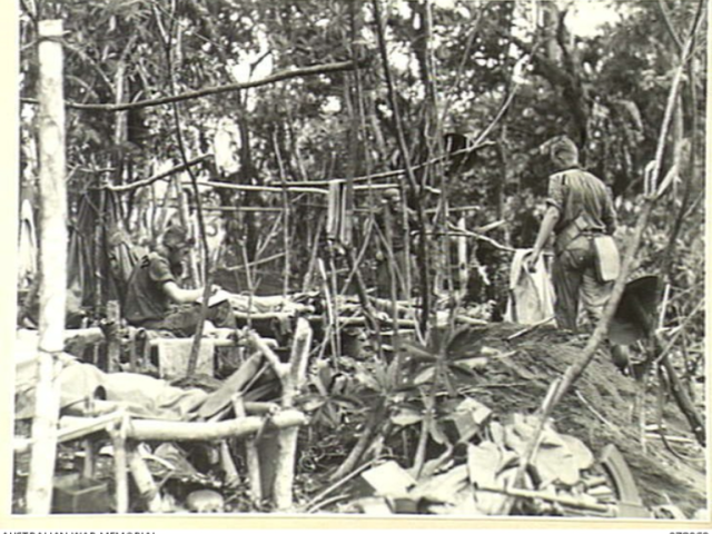 Danmap River Area, New Guinea. 1945-01-01. A section of the jungle camp area of the 2/3rd Field Regiment.