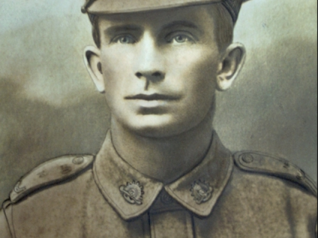 Studio portrait of 1673 Lance Corporal (LCpl) Albert Henry Bewley, 45th Battalion, of Mt McDonald, NSW