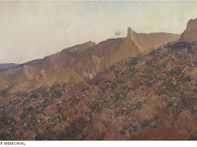 Australian troops ascending ridge to Plugge's Plateau, The Sphinx, Walker's Ridge and Baby 700 on skyline, steep, rocky hillside at Gallipoli, the terrain prohibitive. Many of the soldiers are dead, or falling, and there are puffs of gun smoke in the sky. A narrow beach with two landing boats can be seen in the lower left of the image. On 25 April 1915 Australian troops forged ashore. Artist: George Lambert