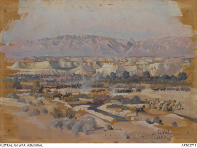 Painting of the valley of the Jordan, looking towards Jerusalem, artist George Lambert, 1918