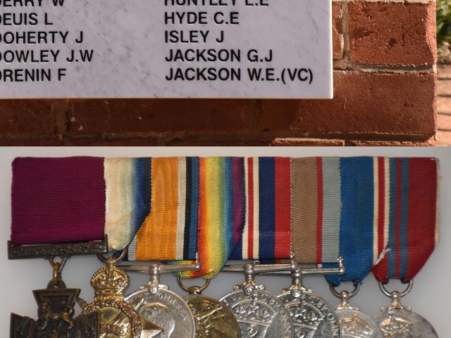 Composite image of the marble panel, bearing Jackson's name, on the gate pillar of Hillston Memorial Park, with beneath Jackson's medals on display at the AWM