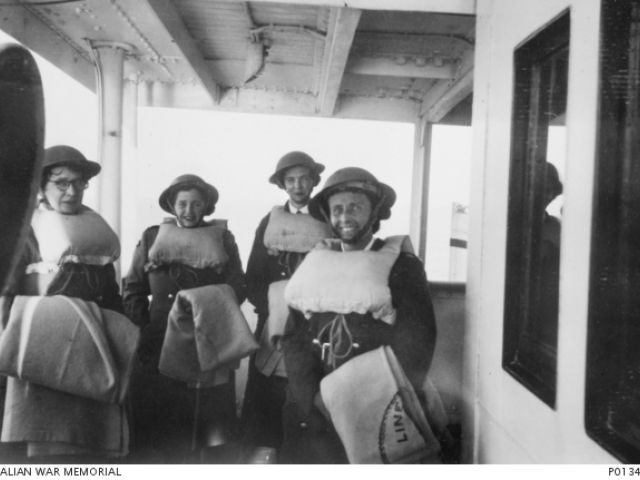 Australian Army Nursing Service Nurses from the 2/4th Australian General Hospital on board the British Hospital Ship ‘Dorsetshire’ enroute to Tobruk. Sister Dorothy Goode is second from the left.