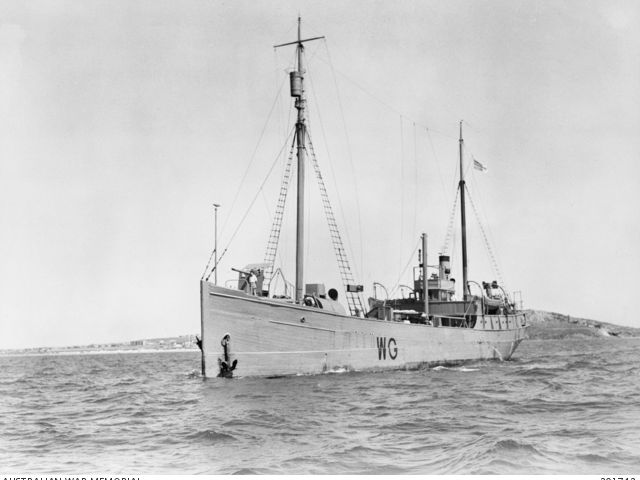 HMAS Wongala, off Port Adelaide, South Australia; 29th December 1943. She was armed with a 12 Pounder Gun forward and a 20mm Oerlikom Anti-Aircraft Gun aft. 