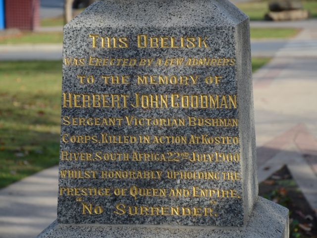 The dedication panel on the Memorial obelisk