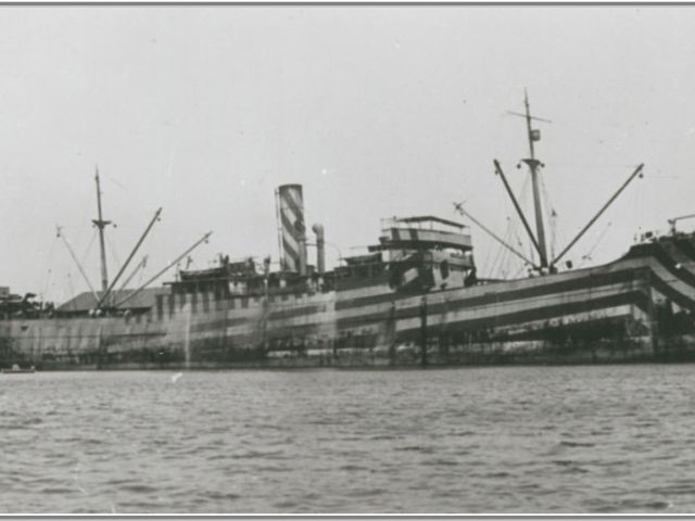 A merchant vessel painted with dazzle camouflage, Port Pirie Circa 1914.