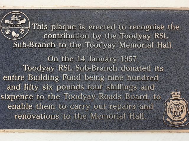 Plaque recognising the contribution by the Toodyay RSL Sub-Branch to the Toodyay Memorial Hall