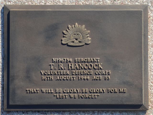 The Australian Army plaque later placed on Hancock's grave to acknowledge his service