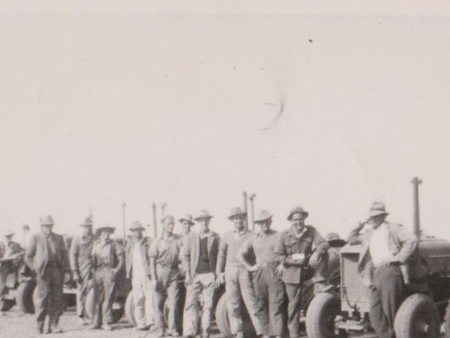 Step back in time: A group of soldier settlers forming a work-group. At the beginning of the Murray Valley Soldier Settlement Scheme the farmers were employed and paid a wage to do development work until their farms were ready to start production. 