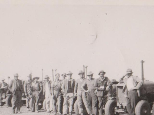 Step back in time: A group of soldier settlers forming a work-group. At the beginning of the Murray Valley Soldier Settlement Scheme the farmers were employed and paid a wage to do development work until their farms were ready to start production.