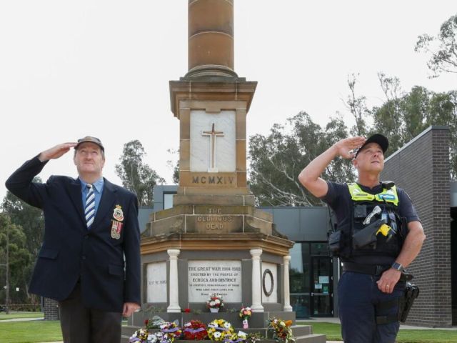 Back to normal: Echuca RSL sub-branch president Denis Shanahan at the 2020 Anzac Day ceremony in Echuca. Photo: Cath Grey