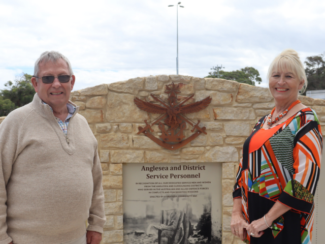 Anglesea Historical Society's Keith Hornibrook and Anglesea RSL secretary Angela Hunt will welcome the town's new War Memorial this weekend. Photo: BILLY HIGGINS