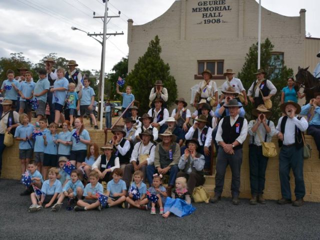 Geurie school children, locals and the ree-enactment volunteers at Geurie Memorial Hal