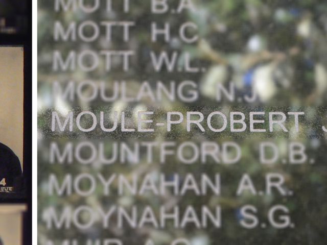 John Moule-Probert and his name on the Griffith memorial stone