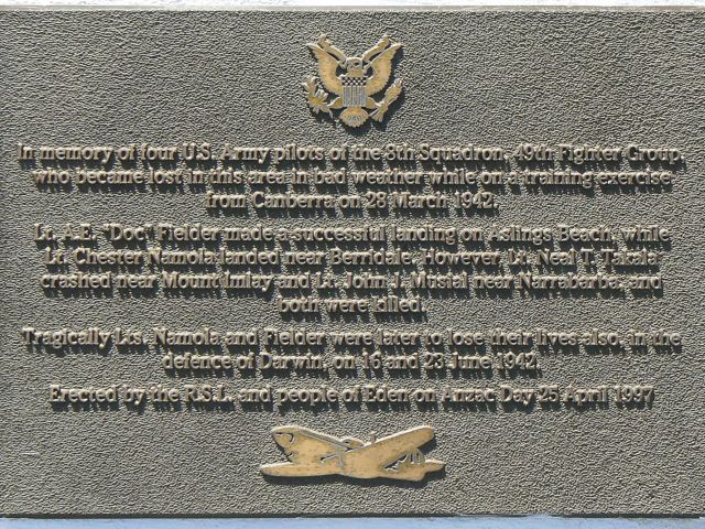 The plaque at the Eden War Memorial, commemorating four American pilots