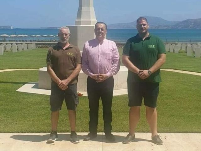 Sean Johnstone, Vice President of the Cretan Commemorations Committee; Antonis Tsourdalakis, President of the Cretan Federation of Australia & New Zealand and Giannis Thimianos, Chairman of the Cretan Commemorations Committee at the Suda Bay Commonwealth War Cemetery were the ANZAC & Allied in Crete Trail will commence. Photo: Supplied