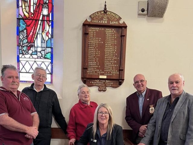 At the honour board unveiling were (from left) Deniliquin RSL Sub-branch members Mick Morrissey and Don Ward, Joy Mann from the Uniting Church, Mayor Peta Betts (front), Deni RSL Sub-branch president John Harriss and Bruce Driver from the Uniting Church.