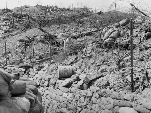 Heavily damaged trenches on the Hook, 13 July 1953.
