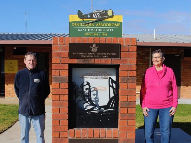 Deniliquin RSL Sub-branch member Tom 'Sarge' Cheeseman and local historian Marg Jefferies at the No. 7 Service Flying Training School Memorial at the Deniliquin Airport.