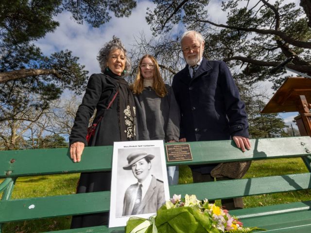 Respected: Mary Elizabeth Cuthbertson’s niece Beth Charles, Ms Charles' granddaughter Bess Merkel, and Ms Cuthbertson’s nephew Melville Charles were on hand to help unveil a plaque honouring the fallen nurse. Photo: MICHAEL CHAMBERS