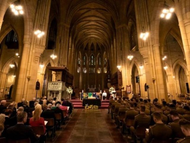 Australian Army soldiers from the 6th Battalion, The Royal Australian Regiment with members from the Long Tan Veteran's Association attend the 57th anniversary of the Battle of Long Tan service held at the at St John's Cathedral, Brisbane. Photos: Corporal Nicole Dorrett