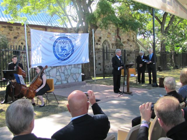 His Excellency the Honourable Paul de Jersey AC QC at the official unveiling and dedication ceremony of Canon Garland Memorial - Anzac Day Origins on 22 April 2016 in Kangaroo Point Cliffs Park, Kangaroo Point, Brisbane.