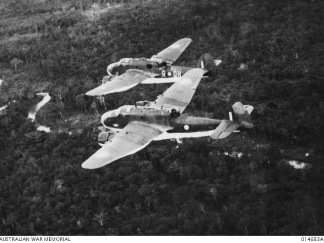 NEW GUINEA. BEAUFORT BOMBERS OF NO. 100 SQUADRON FLYING OVER JUNGLE COUNTRY.