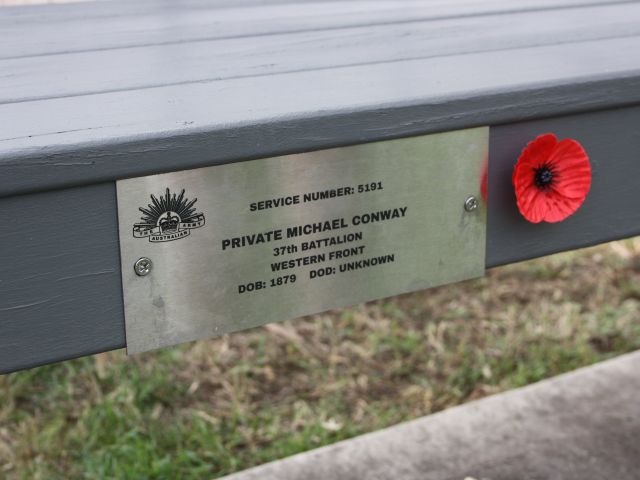 Memorial plaque for Private Michael Conway on the World War I Bench of Remembrance