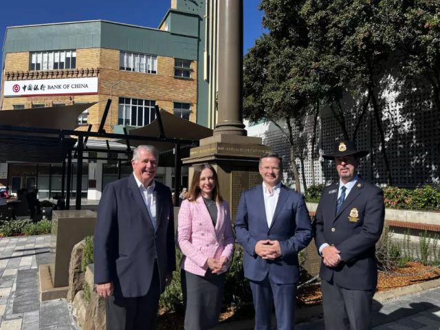 President of Penshurst RSL Sub-branch, John Hoban, Shadow Minister for Veterans, Robyn Preston, Oatley MP Mark Coure, and Secretary of South-Hurstville RSL Sub-branch, Gordon Blair at the upgraded Hurstville Memorial Square.