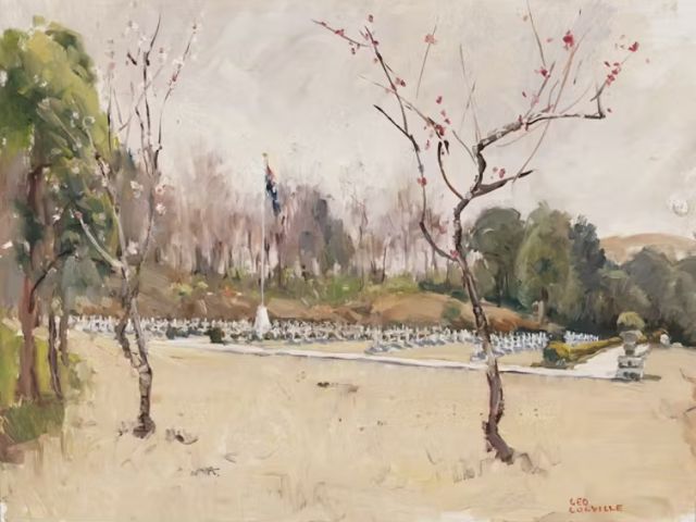 This painting from 1950, by George Colville, shows the Australian war graves section of the cemetary. Australian War Memorial ART26951