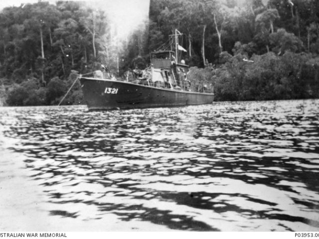 Motor Launch (ML) 1321 at anchor after the ill fated raid on Muschu Island, off the coast of New Guinea, on 11 April 1945.