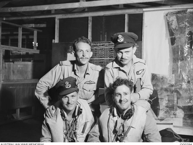 Standing left to right: 416433 Flying Officer Theodore Victor Benno Kleinig; 428376 Pilot Officer Edwin John Turk. Seated left to right: 420699 Flying Officer Stanley James Miller; 418030 Flight Sergeant Barry Cameron White.