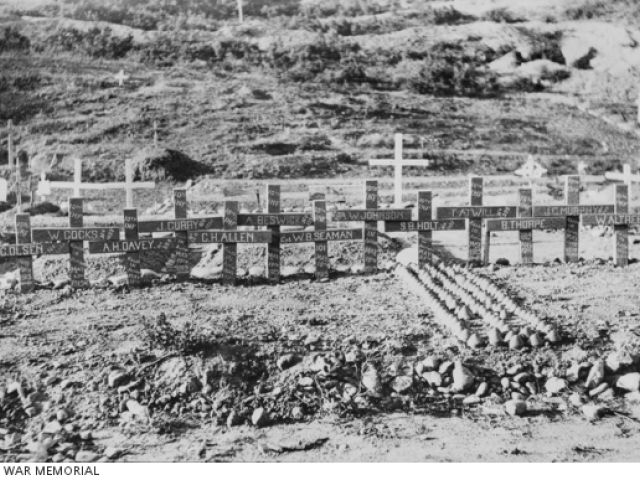 The graves of 13 Australian soldiers from the 10th Battalion who, unless stated otherwise, were killed in action on 19 May 1915
