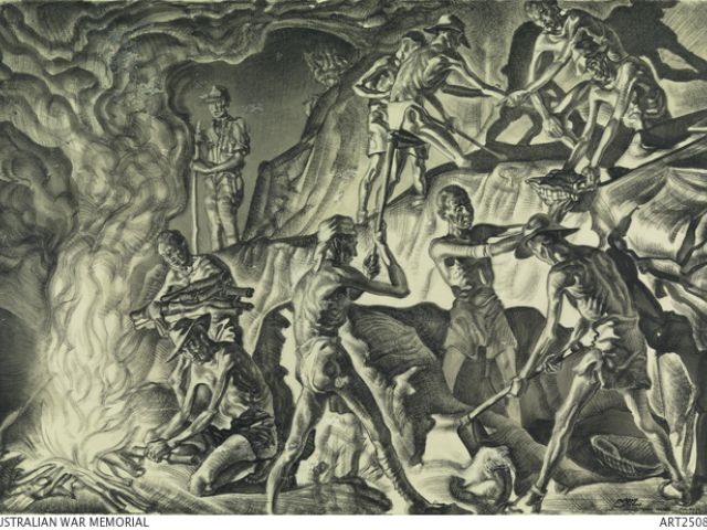 scene of 'F' Force men excavating earth for the railway cutting, ART25081 AWM