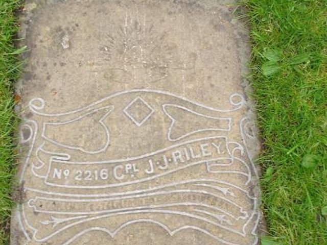 Corporal J. J. Riley’s Memorial Stone in Cliveden War Cemetery, Buckinghamshire, England. Photo by Julia & Keld