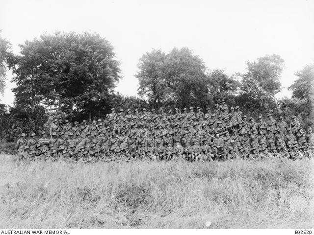 Epagne, France. 14 June 1918. Group portrait of the 43rd Battery of Australian Field Artillery, in the rest area.