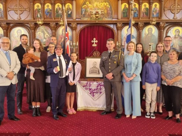 Recipients and their families gather at the Cathedral of the Annunciation in Wellington during the presentation of Hellenic Republic commemorative medals, honouring ANZAC service in Greece during WWII. Photos: Embassy of Greece in Australia