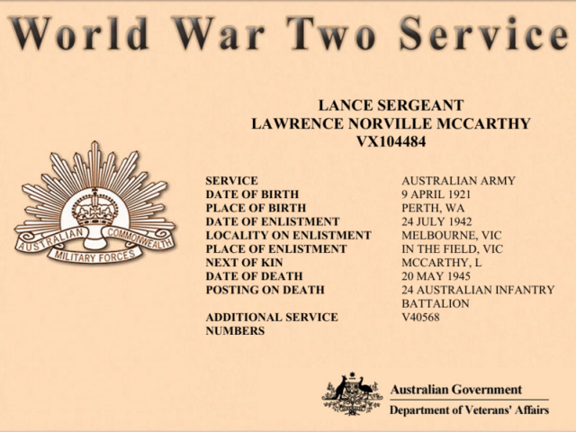 VX104484 Lance Sergeant Lawrence Norville McCarthy, 24th Battalion