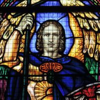 St Michael World War II memorial window, Christ Church Beechworth. Inscriptions: 'And they overcame by the blood of the Lamb.' A. M. D. G. (Ad Majorem Dei Gloriam) In honour of sailors soldiers airmen and nurses who gave their lives for their King and Country in World War II and also those who served.