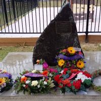 Memorial shown with Anzac Day wreaths on 25 April 2023