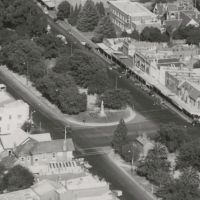 Detail from aerial view of Box Hill, Victoria [looking south-east] showing the memorial in Whitehorse Road, Charles Daniel Pratt, SLV, ID 3401464, Filename pi021309, c.1950-1956.