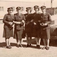 WAAAF Dressed to go on leave at No 3 Air Observers School - L to R -Dot Pleming Shirley Manyard Dulcie Bridgland Joyce Havers and Michie Evans