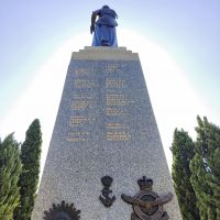 Leichhardt War Memorial, clean insignia and regilding eastern side, 15 December 2023