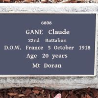 Claude Gane. Service No 6808. Tree No. 59. (Please note original plaque is missing this is a copy of his records.)