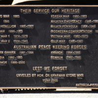 Their Service Our Heritage plaque, listing the conflicts in which Australians have been involved.